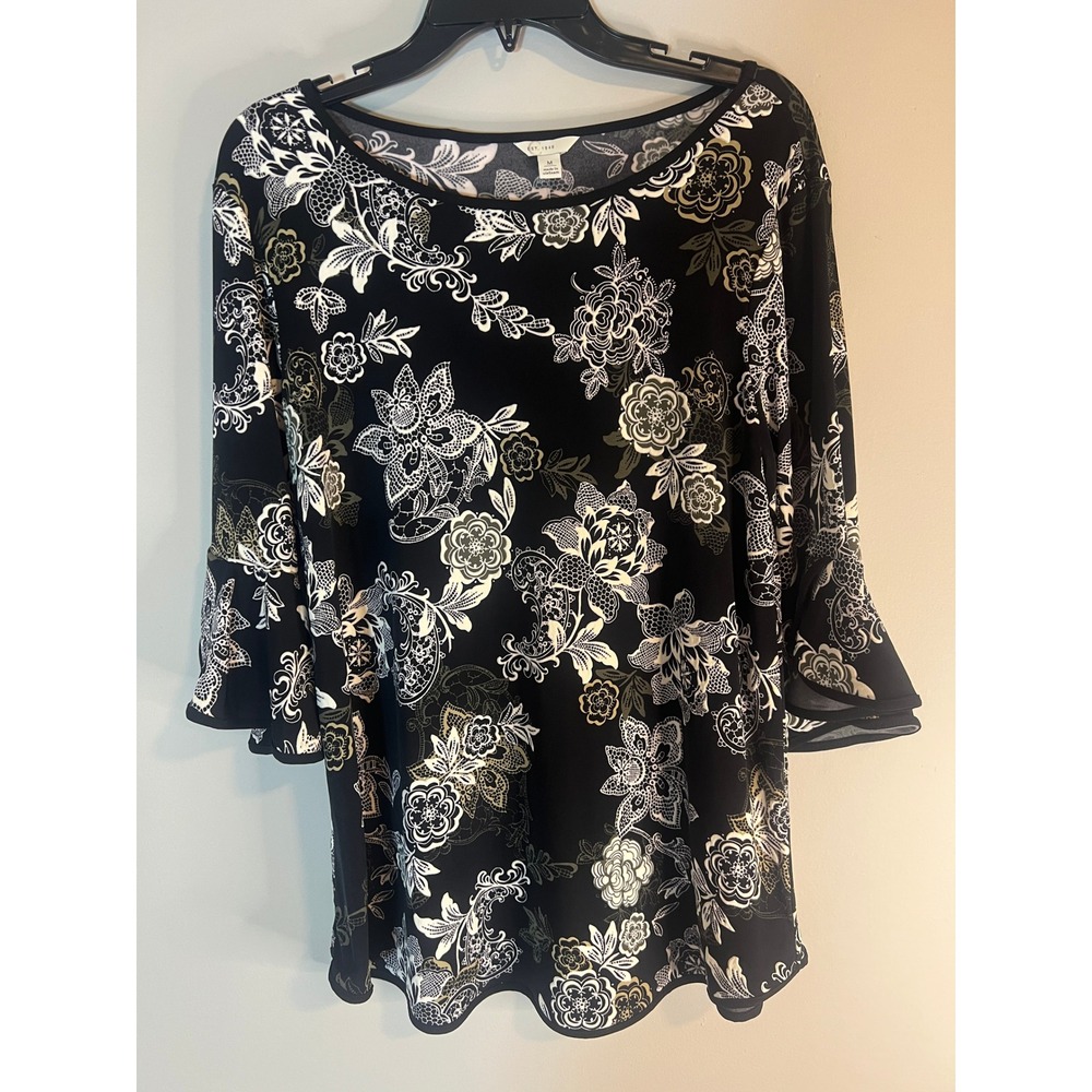 Est. 1946 Floral Bell Sleeve Blouse Olive Night Black White Scoop Neck Top M